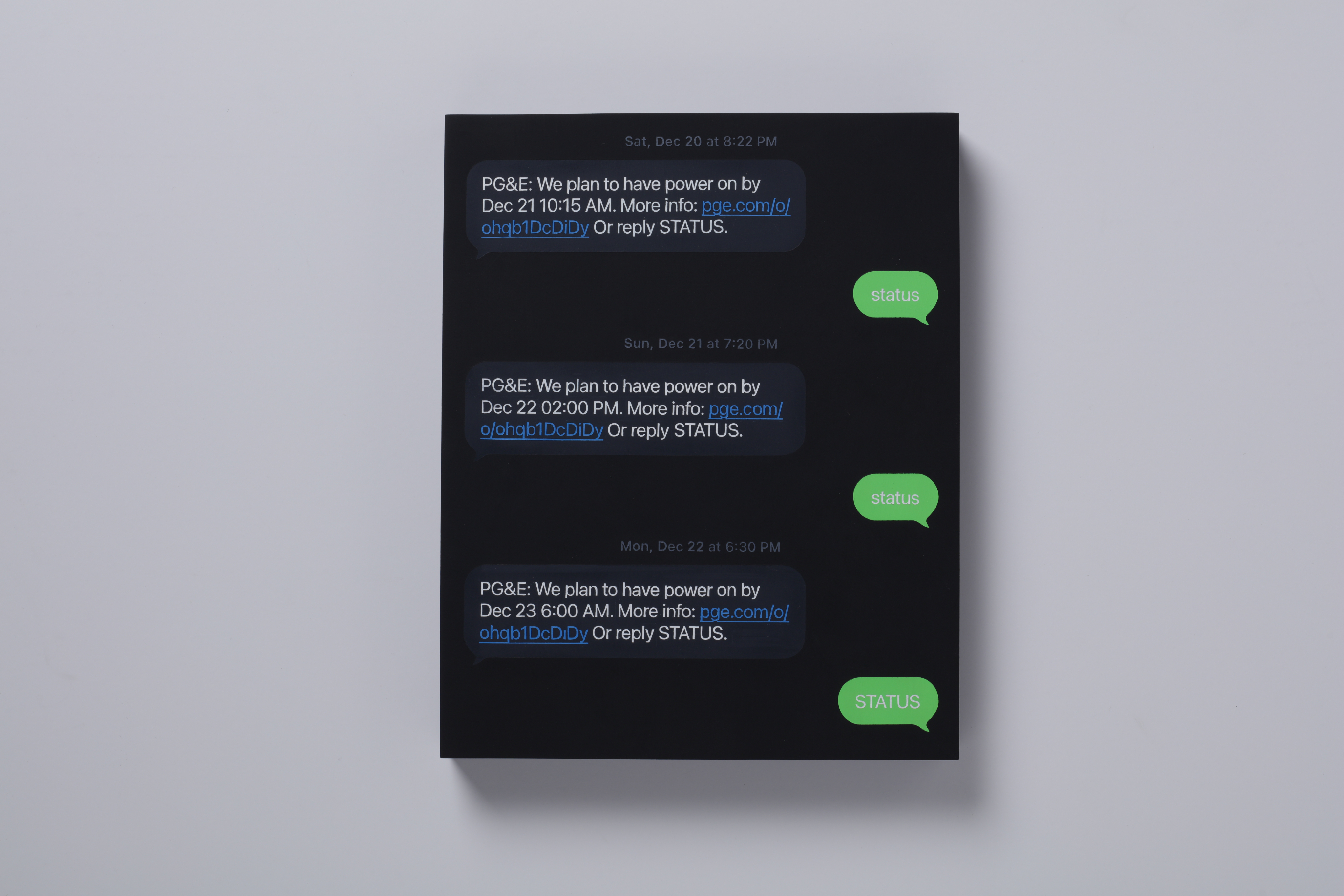 Painting of a PG&E status update text message for power outage