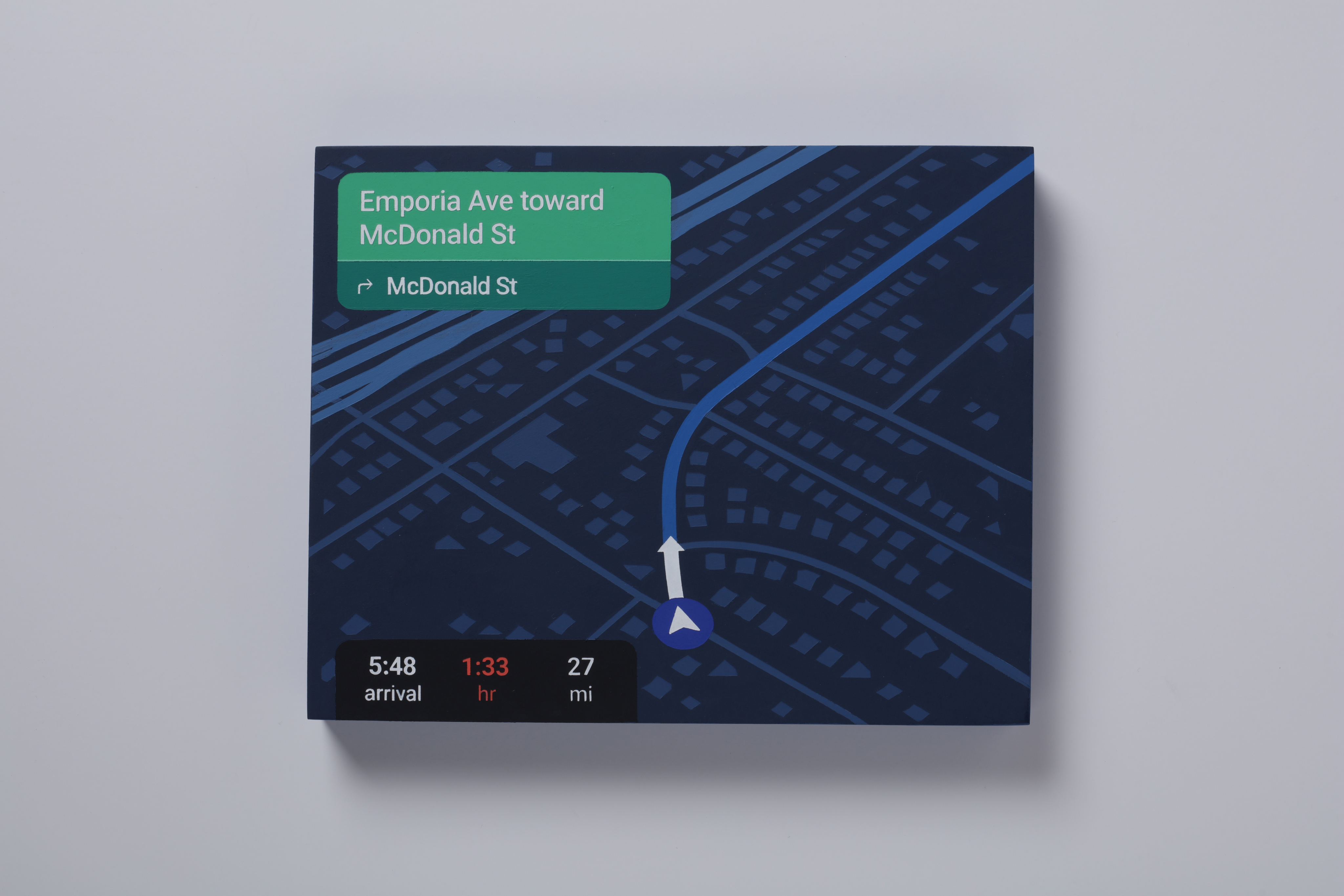 Painting of an in-car map navigation interface showing a 1 hour 33 minute drive to go 27 miles