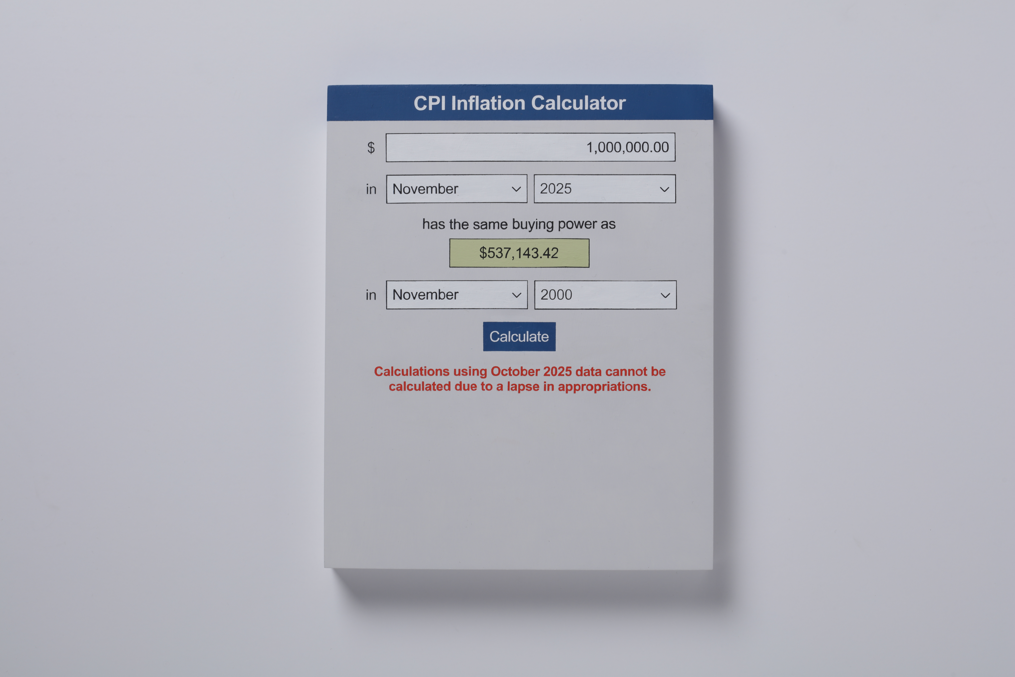Painting of a CPI inflation calculator showing $1,000,000 in November 2000 as $537,143.42 in November 2025